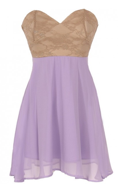 Strapless Floral Lace Bustier Dress in Lavender/Taupe